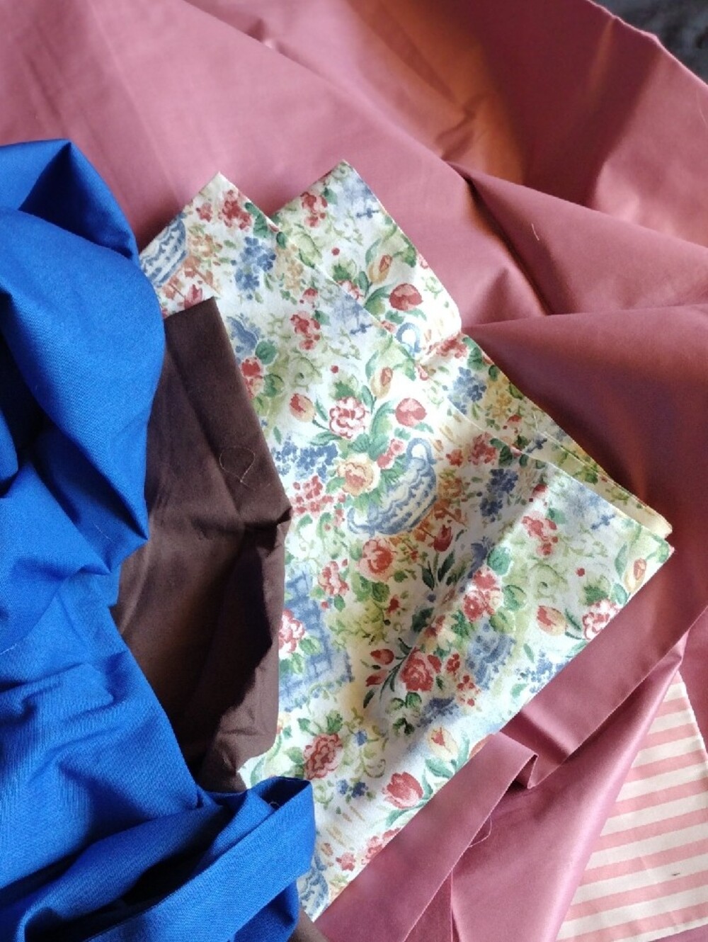 Fabric Bundle Cotton Floral Brown Blue Striped